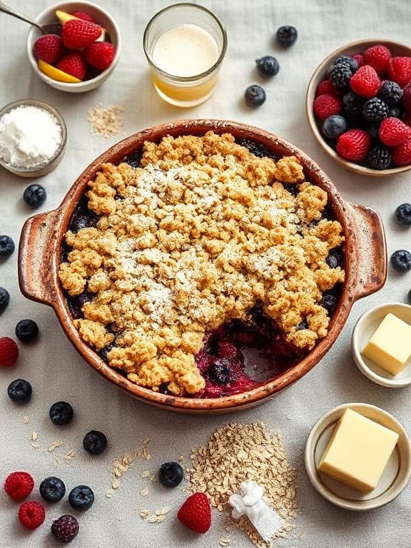 Warmer Beeren-Crumble aus dem Ofen - Vegetarisches Desserts Rezept mit Dessert, Süß | Zubereitungszeit 45 Minuten, bewertet mit 4.9 von 5 Sternen