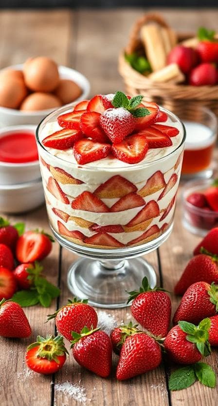 Sommerliches Erdbeer-Tiramisu im Glas - Vegetarisches Desserts Rezept mit Tiramisu, Erdbeeren | Zubereitungszeit 25 Minuten, bewertet mit 4.8 von 5 Sternen