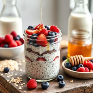 Beeren Overnight Oats - Vegetarisches Frühstück Rezept mit Beeren, Haferflocken | Zubereitungszeit 5 Minuten, bewertet mit 4.8 von 5 Sternen
