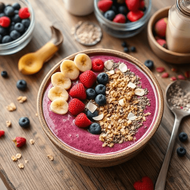 Beeren Smoothie Bowl - Vegetarisches Frühstück Rezept mit Beeren, Frühstück | Zubereitungszeit 5 Minuten, bewertet mit 4.7 von 5 Sternen