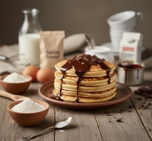 Pancakes mit Schokosoße - Vegetarisches Frühstück Rezept mit Frühlingshaft, USA | Zubereitungszeit 25 Minuten, bewertet mit 4.8 von 5 Sternen