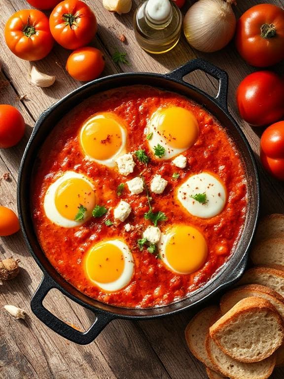 Shakshuka - Vegetarisches Frühstück Rezept mit Frühstück, Orientalisch | Zubereitungszeit 40 Minuten, bewertet mit 4.8 von 5 Sternen