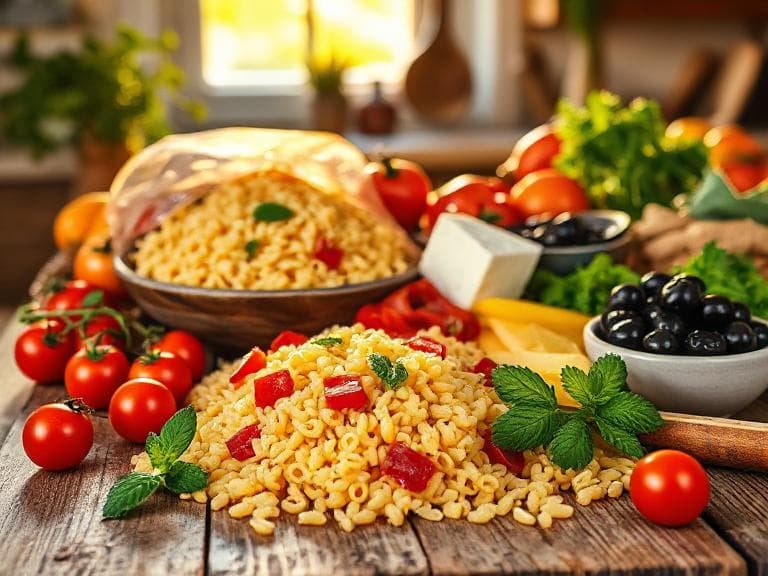 Zutaten für Griechischer Kritharaki-Salat mit Feta und frischen Kräutern