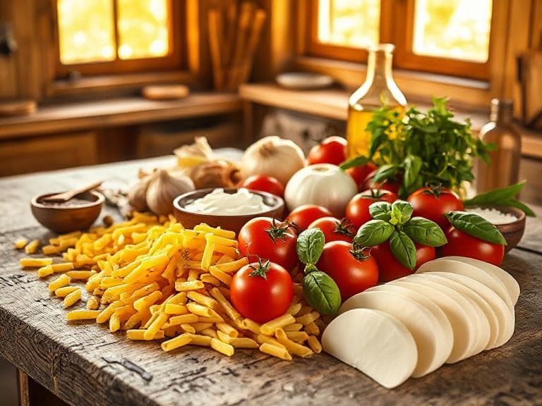 Zutaten für Cremiger Nudelauflauf mit Tomate und Mozzarella