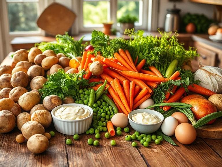Zutaten für Vegetarischer Salát 'Stolítschny' (Russischer Salat)
