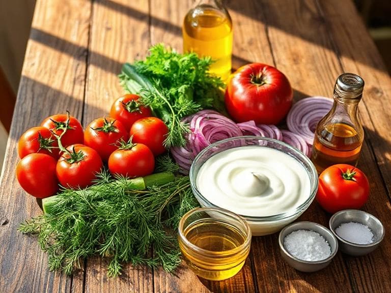 Zutaten für Erfrischender Tomaten-Gurken-Salat mit Dill-Joghurt-Dressing