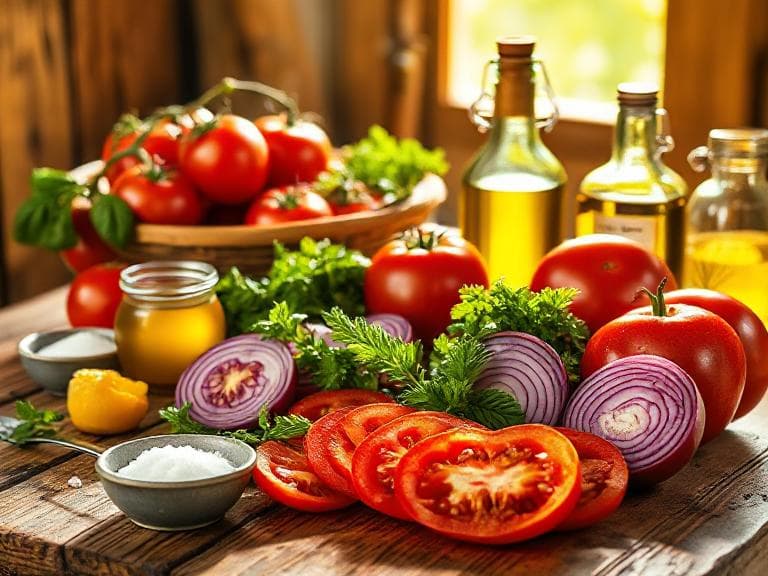 Zutaten für Erfrischender Tomatensalat mit roten Zwiebeln und Kräutern