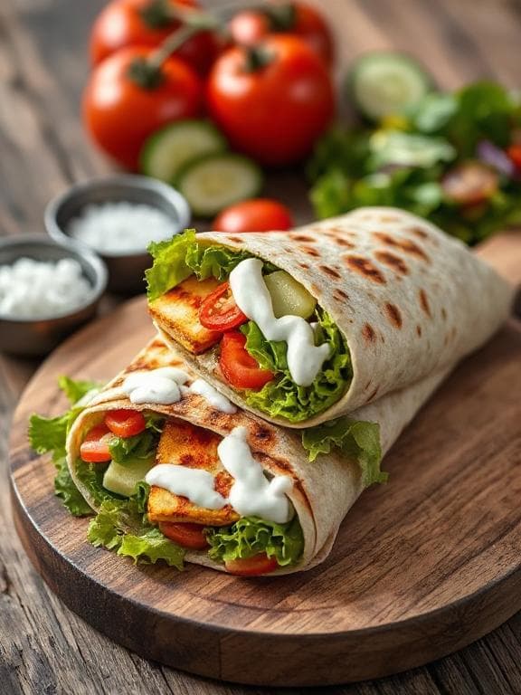 Bester vegetarischer Dürüm mit Halloumi & Joghurt-Minz-Sauce - Vegetarisches Hauptgerichte Rezept mit Dürüm, Vegetarisch | Zubereitungszeit 30 Minuten, bewertet mit 4.9 von 5 Sternen