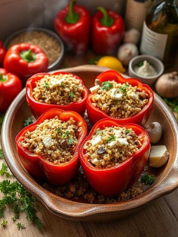 Gefüllte Paprika Vegetarisch - Vegetarisches Hauptgerichte Rezept mit Traditionell, Gemüse | Zubereitungszeit 75 Minuten, bewertet mit 4.6 von 5 Sternen
