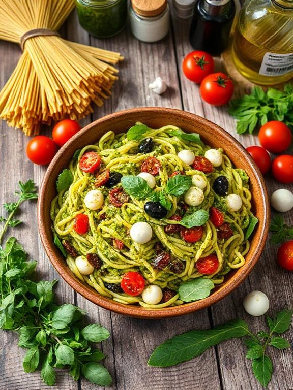 Einfacher Italienischer Nudelsalat mit Pesto - Vegetarisches Salate Rezept mit Italienisch, Salat | Zubereitungszeit 32 Minuten, bewertet mit 4.7 von 5 Sternen