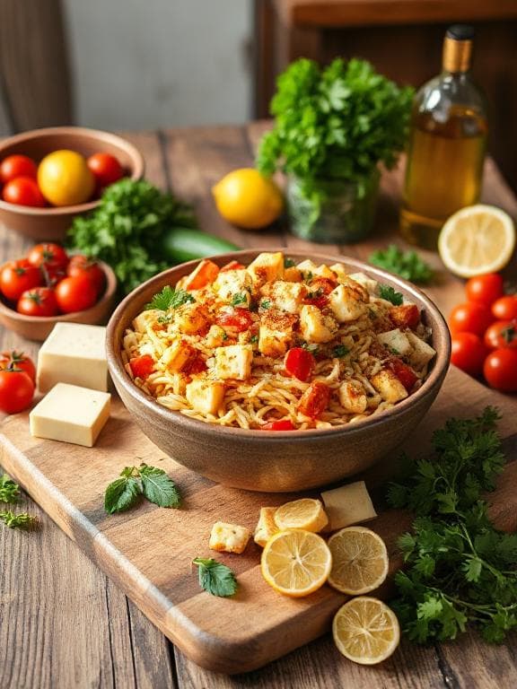 Knuspriger Pasta-Salat mit gebratenem Halloumi - Vegetarisches Salate Rezept mit Sommerlich, Mediterran | Zubereitungszeit 35 Minuten, bewertet mit 4.9 von 5 Sternen