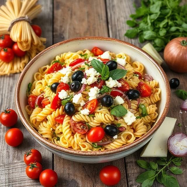 Sonniger Mediterraner Nudelsalat mit Feta & Oliven - Vegetarisches Salate Rezept mit Salat, Mediterran | Zubereitungszeit 35 Minuten, bewertet mit 4.8 von 5 Sternen
