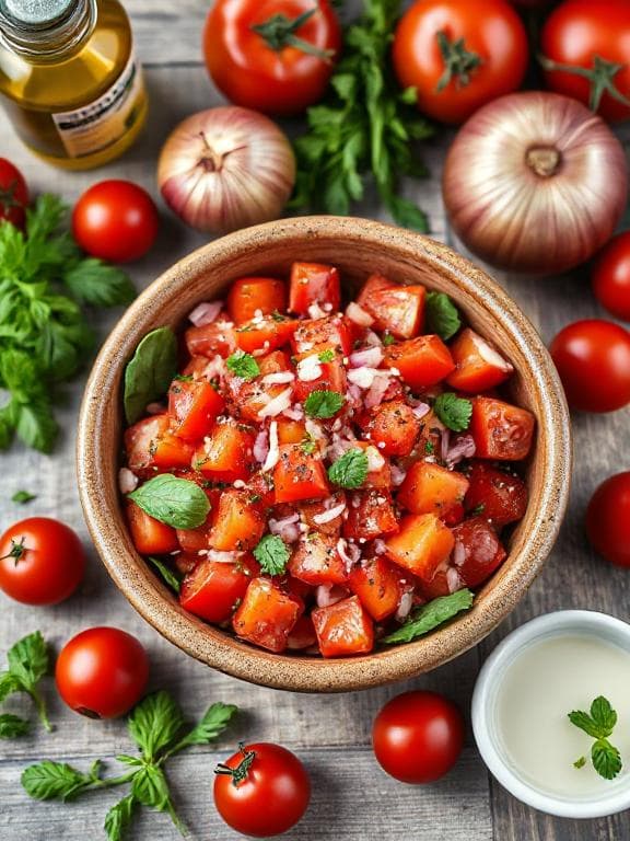 Erfrischender Tomatensalat mit roten Zwiebeln und Kräutern - Schritt 6