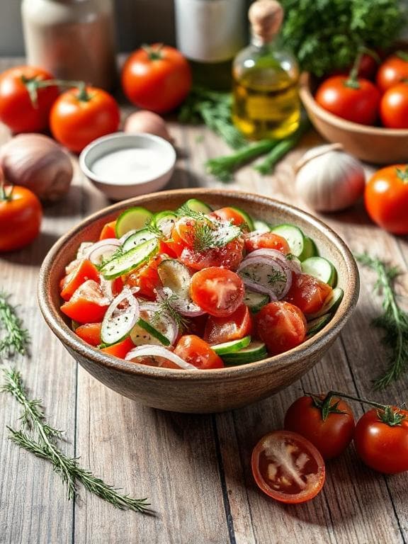 Erfrischender Tomaten-Gurken-Salat mit Dill-Joghurt-Dressing - Schritt 4