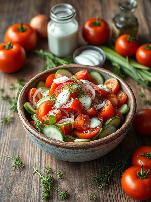 Erfrischender Tomaten-Gurken-Salat mit Dill-Joghurt-Dressing - Vegetarisches Salate Rezept mit Salat, Sommerlich | Zubereitungszeit 15 Minuten, bewertet mit 4.8 von 5 Sternen