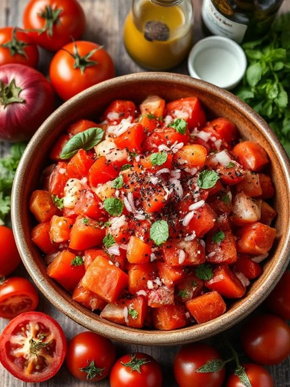 Erfrischender Tomatensalat mit roten Zwiebeln und Kräutern - Empfohlenes Rezept
