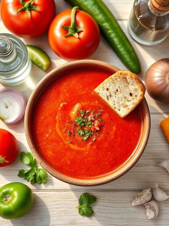 Erfrischende Gazpacho – Spanische kalte Suppe - Vegetarisches Suppen Rezept mit Suppe, Kalt | Zubereitungszeit 20 Minuten, bewertet mit 4.9 von 5 Sternen