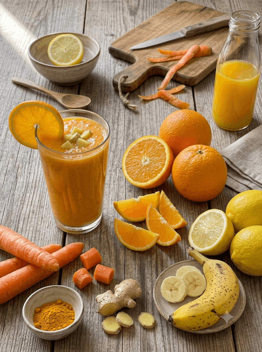 Orangen-Karotten-Ingwer-Smoothie - Orangen-Karotten-Ingwer-Smoothie mit frischen Zutaten