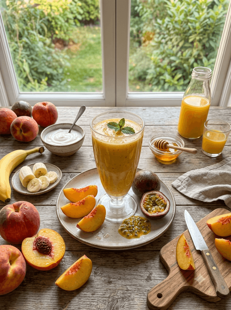 Pfirsich-Maracuja-Smoothie - Pfirsich-Maracuja-Smoothie mit frischen Früchten