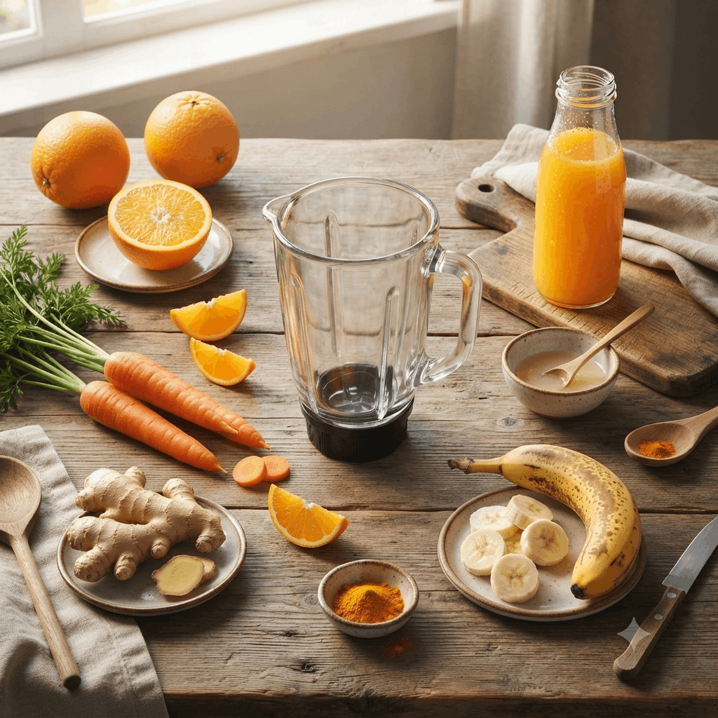 Zutaten für Orangen-Karotten-Ingwer-Smoothie