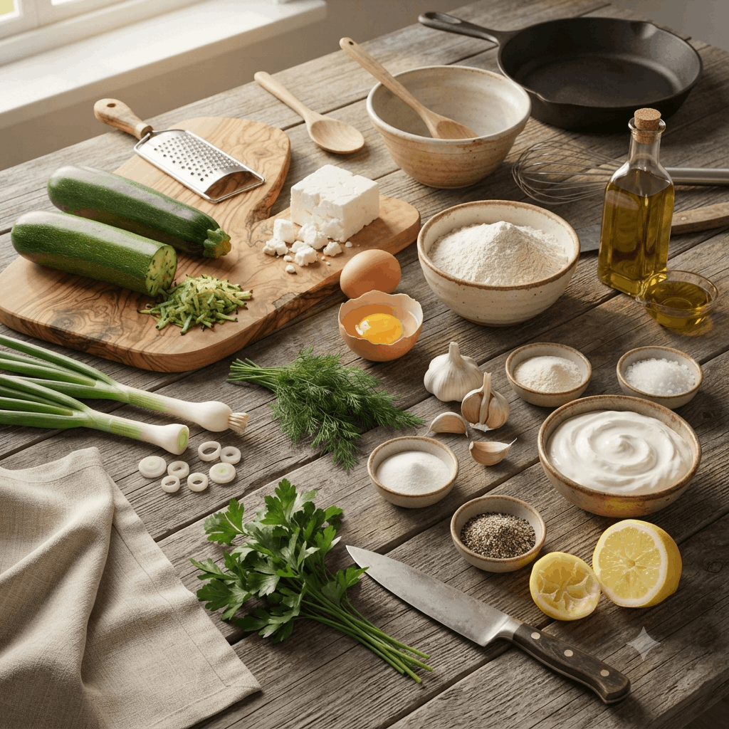Zutaten für Türkische Zucchini-Puffer (Mücver)