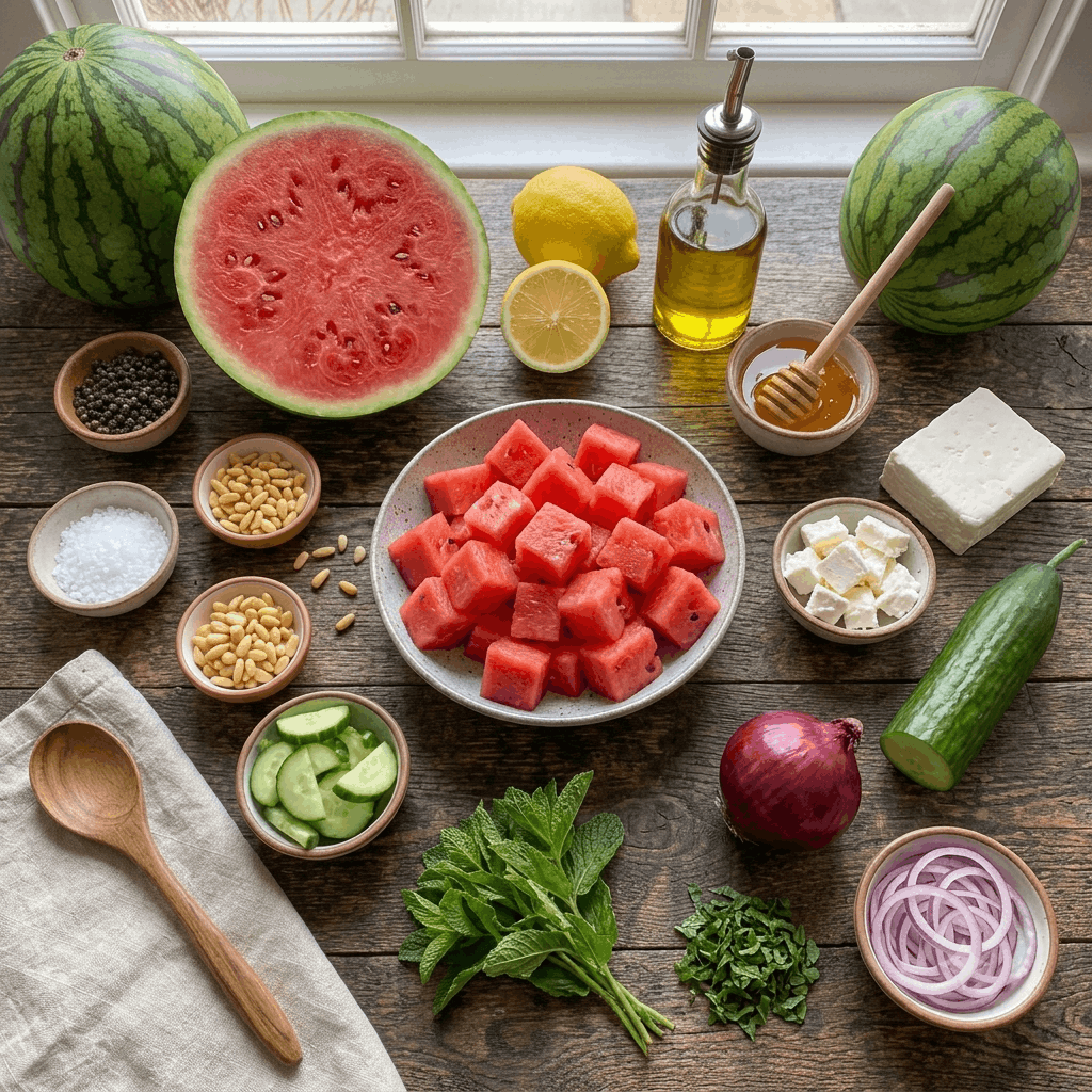 Zutaten für Wassermelonen-Feta-Salat