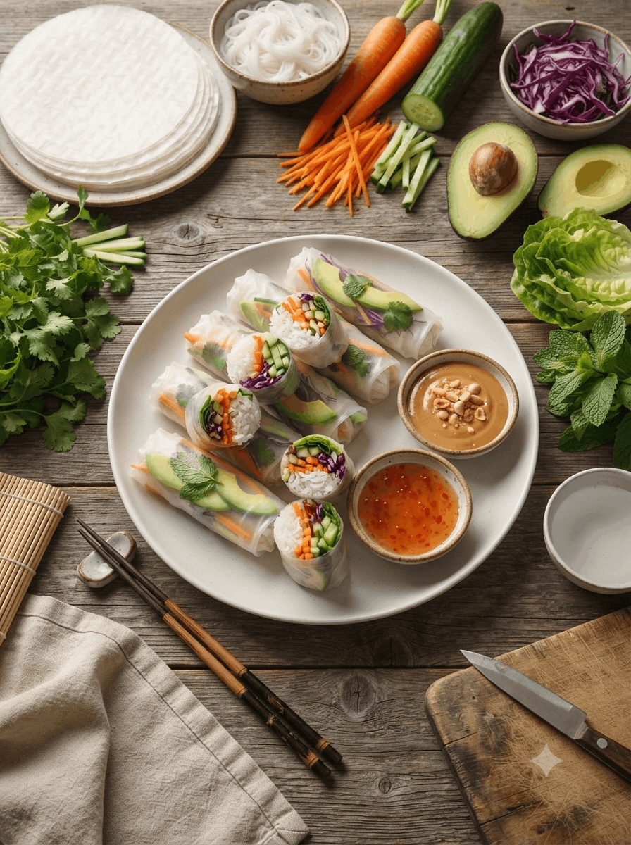 Sommerrollen - Vegetarische Sommerrollen mit Erdnuss-Dip