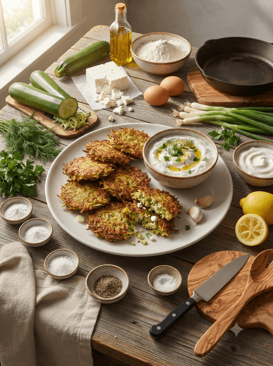 Türkische Zucchini-Puffer (Mücver) - Türkische Zucchini-Puffer mit Joghurt-Dip