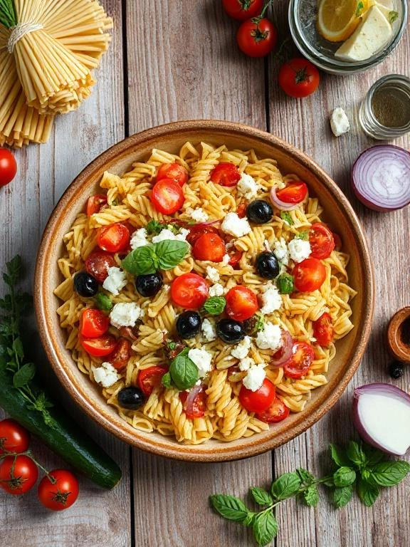 Sonniger Mediterraner Nudelsalat mit Feta & Oliven