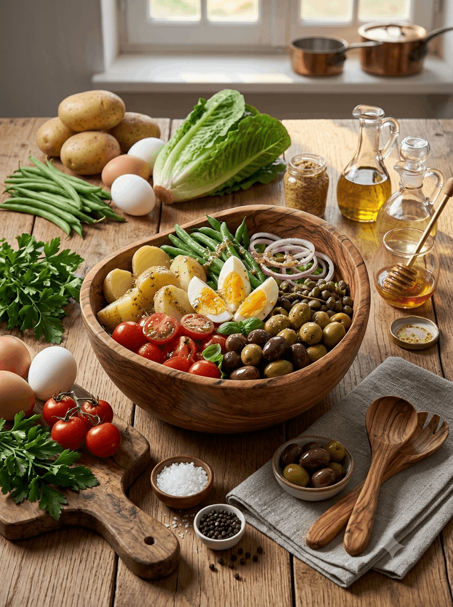 Nizza-Salat (vegetarisch) - Vegetarischer Nizza-Salat mit Kartoffeln und grünen Bohnen