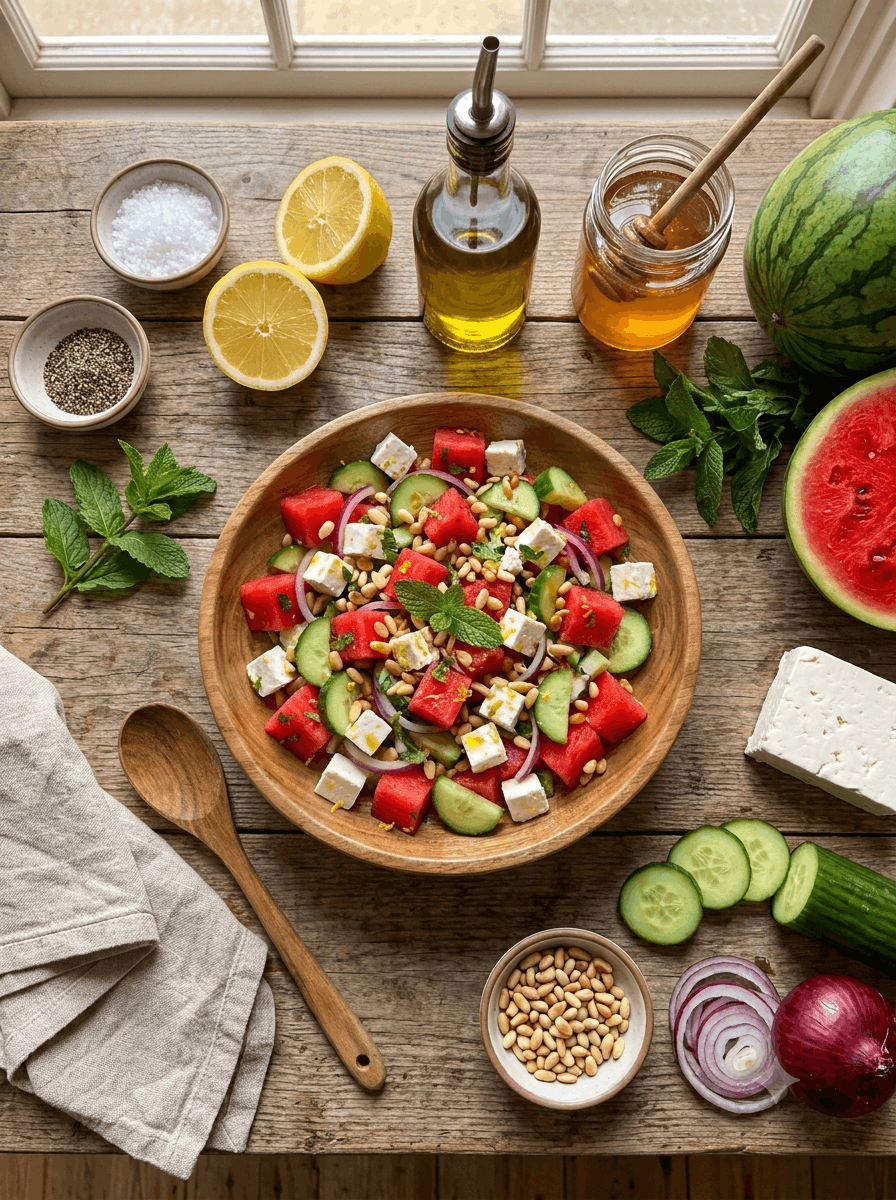 Wassermelonen-Feta-Salat - Wassermelonen-Feta-Salat mit Minze und Gurke